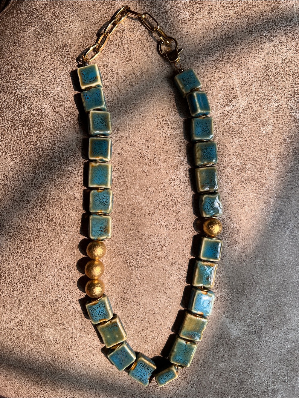 Ceramic Tile Necklace with Gold Accents - Teal Women's Jewelry